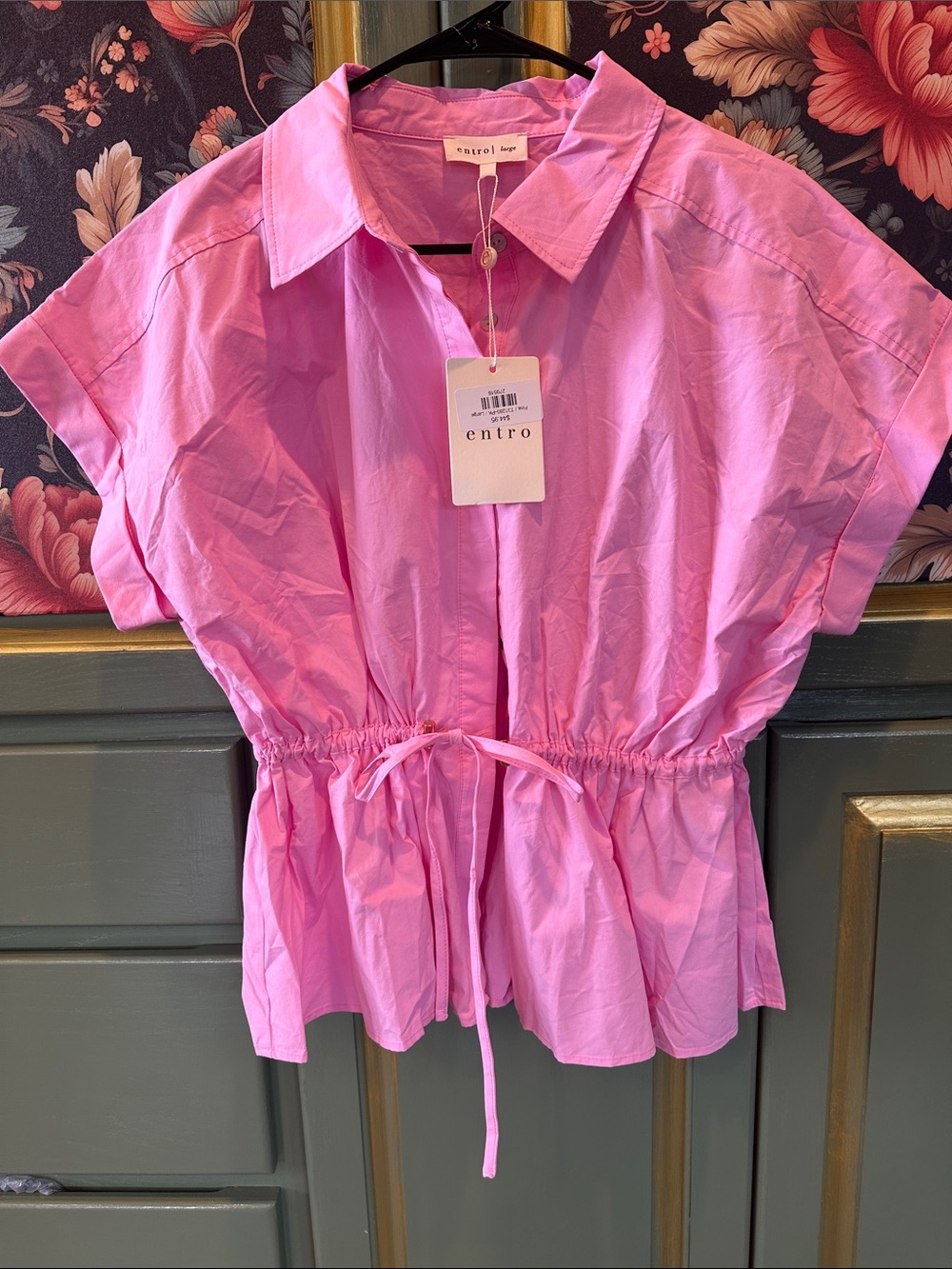 entro Pink Short Sleeve Button-Front Drawstring Waist Shirt
